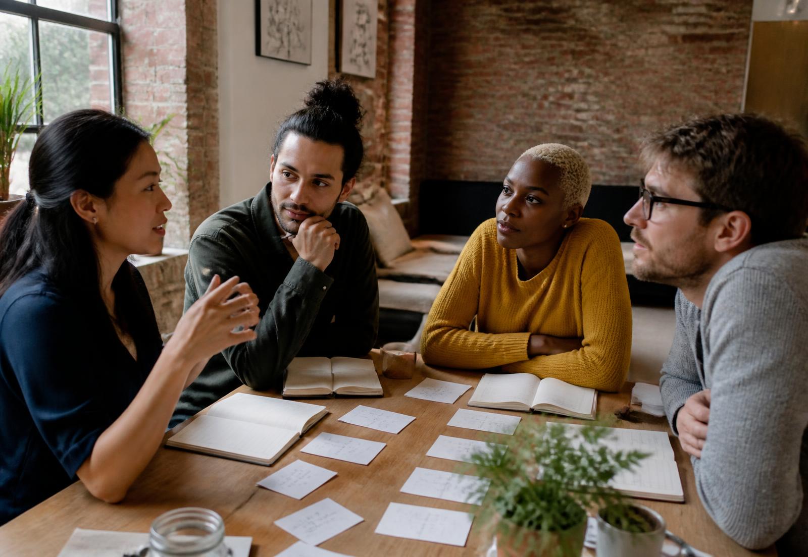 Founders in a facilitated discussion around a table covered in interview notes